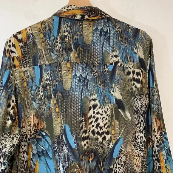 Avenue Blouse‎ Woman 18/20 Button Up Colorful Tropical Feathers Tunic Roll Tab - Picture 7 of 15